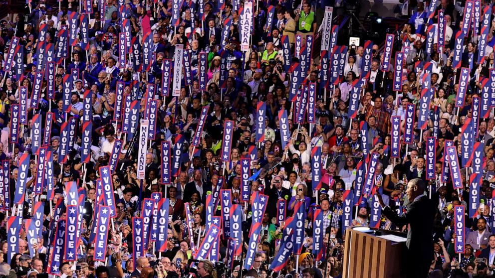 PHOTO: Former U.S. President Barack Obama takes the stage during Day 2 of the Democratic National Convention in Chicago, Aug. 20, 2024.

