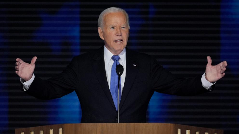 PHOTO: President Joe Biden speaks at the Democratic National Convention, Aug. 19, 2024, in Chicago.