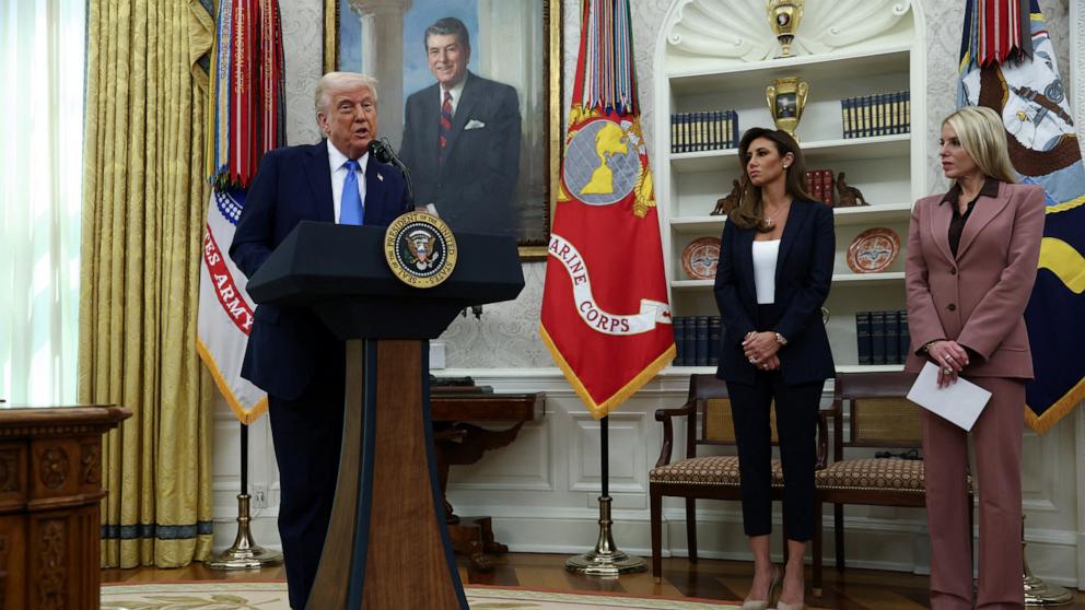 PHOTO: President Donald Trump speaks next to Attorney General Pam Bondi and Alina Habba during a swearing-in ceremony for Habba as interim Attorney for the District of New Jersey, in the Oval Office at the White House in Washington, Mar. 28, 2025.