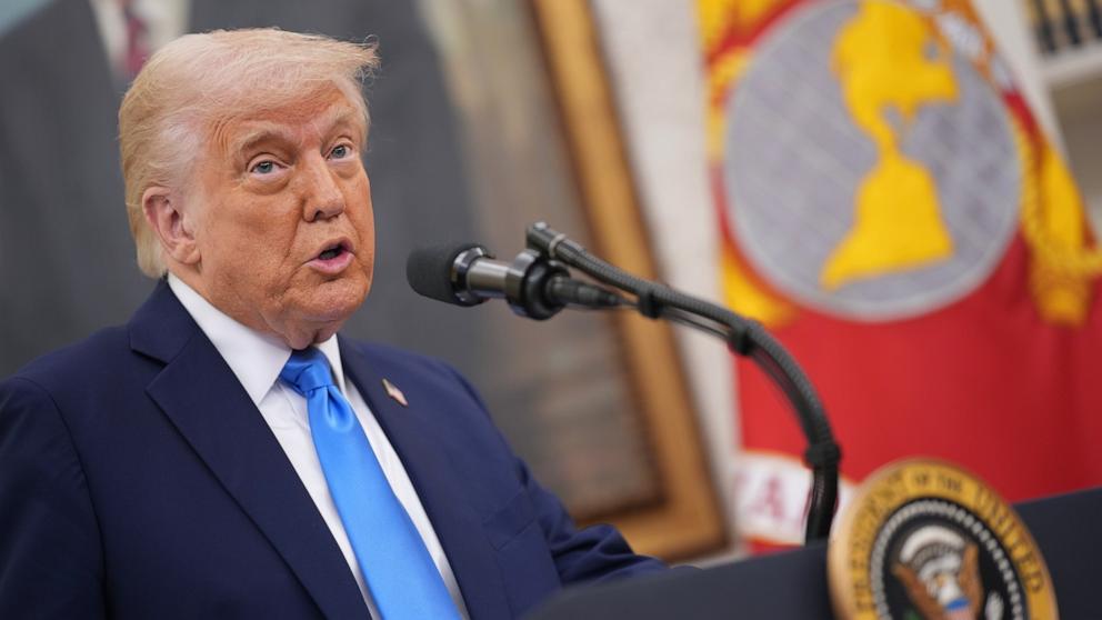 PHOTO: President Donald Trump speaks in the Oval Office during a swearing-in ceremony at the White House, March 28, 2025 in Washington.