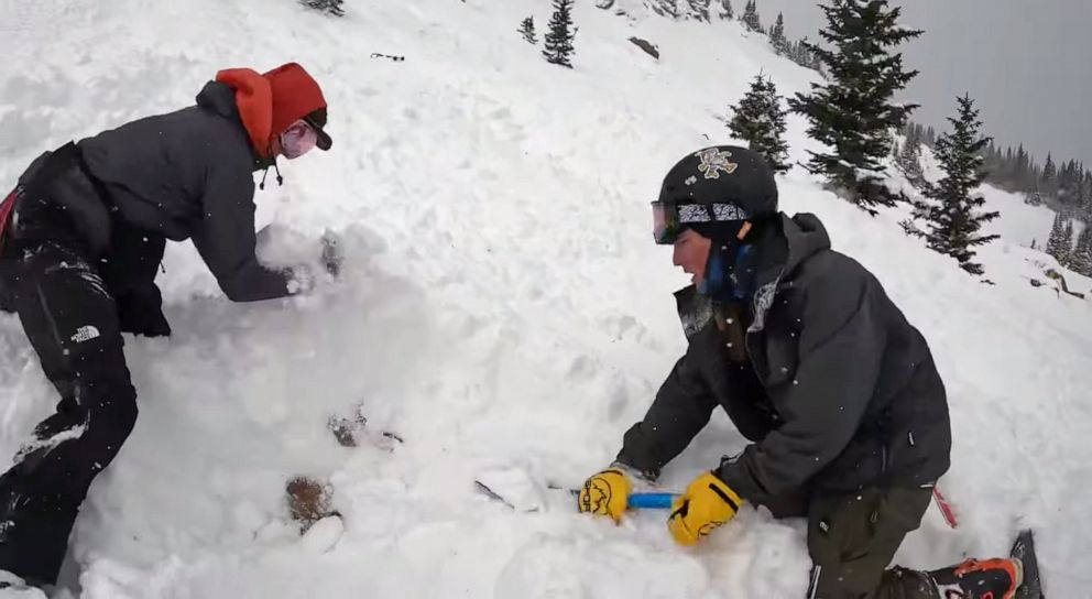 PHOTO: Two Colorado college students rescued a dog buried in an avalanche on Berthoud Pass in Colorado, Dec. 26, 2021, in this image made from helmet camera video.