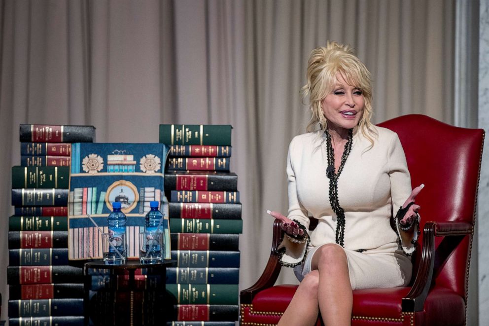 PHOTO: In this Feb. 27, 2018, file photo, Dolly Parton speaks at an event where her organization, Imagination Library, donated the 100 millionth book, Dolly Parton's "Coat of Many Colors," to the Library of Congress collection, in Washington.