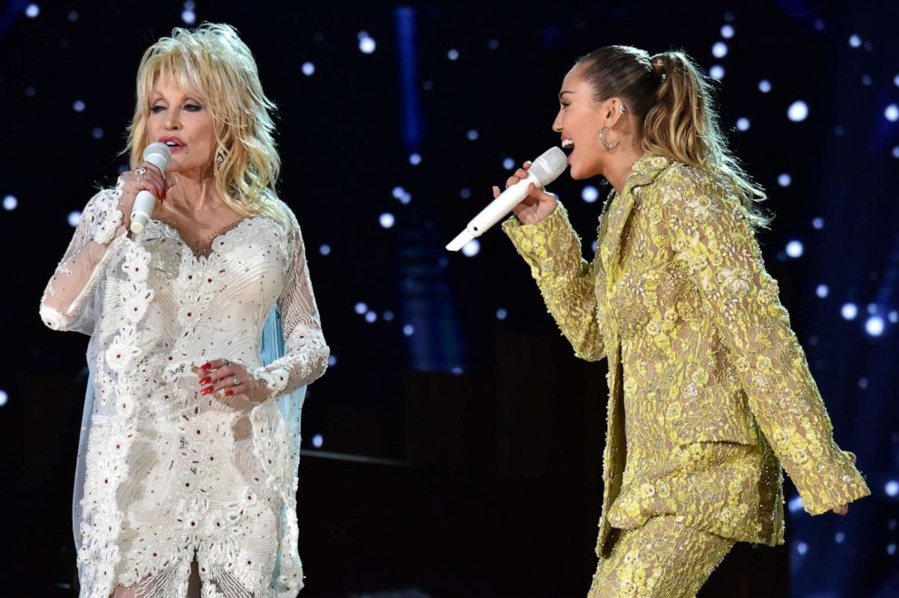 PHOTO: Dolly Parton (L) and Miley Cyrus perform onstage during the 61st Annual Grammy Awards at Staples Center on February 10, 2019, in Los Angeles.