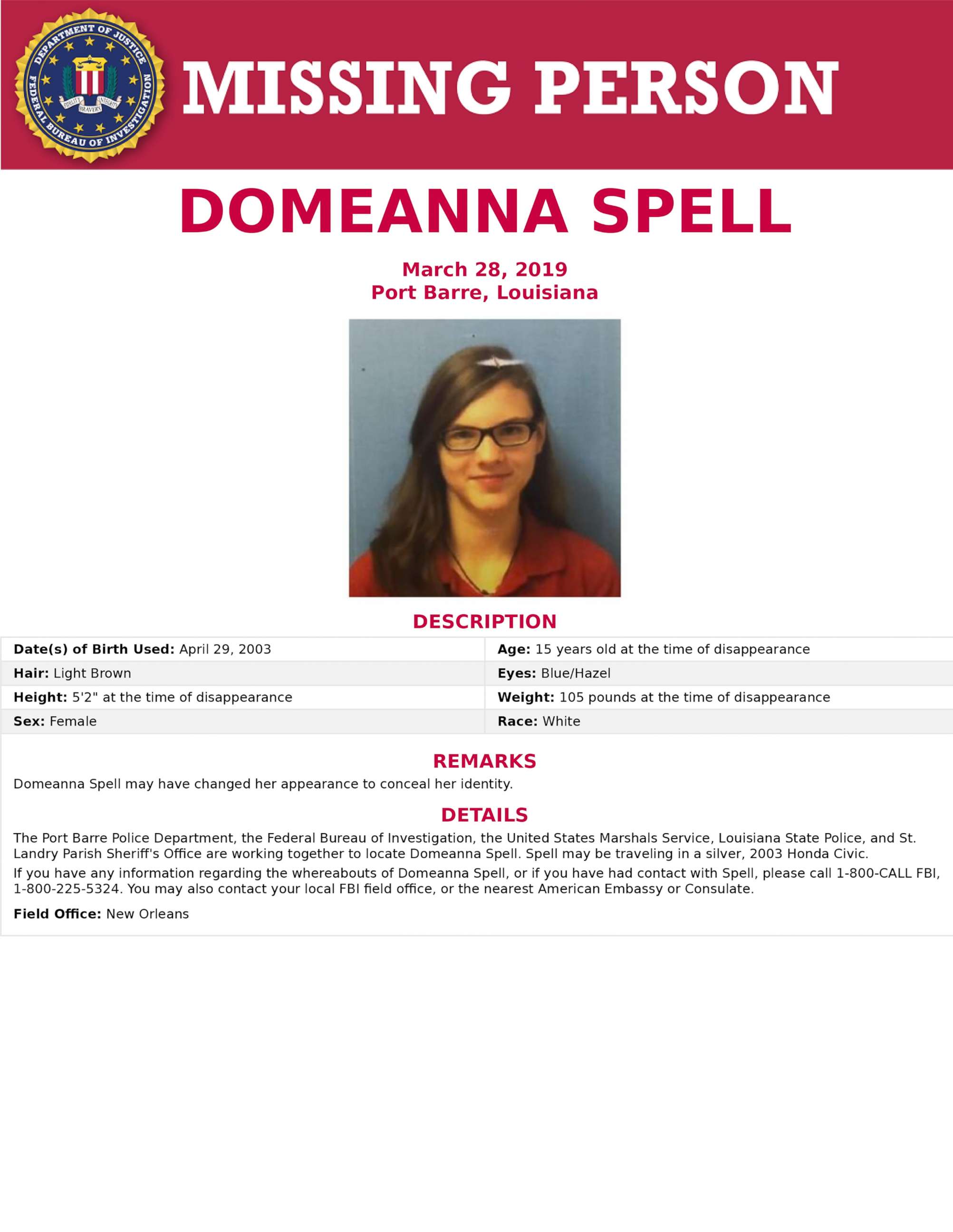 PHOTO: Domeanna Spell is pictured in this poster released by the FBI.
