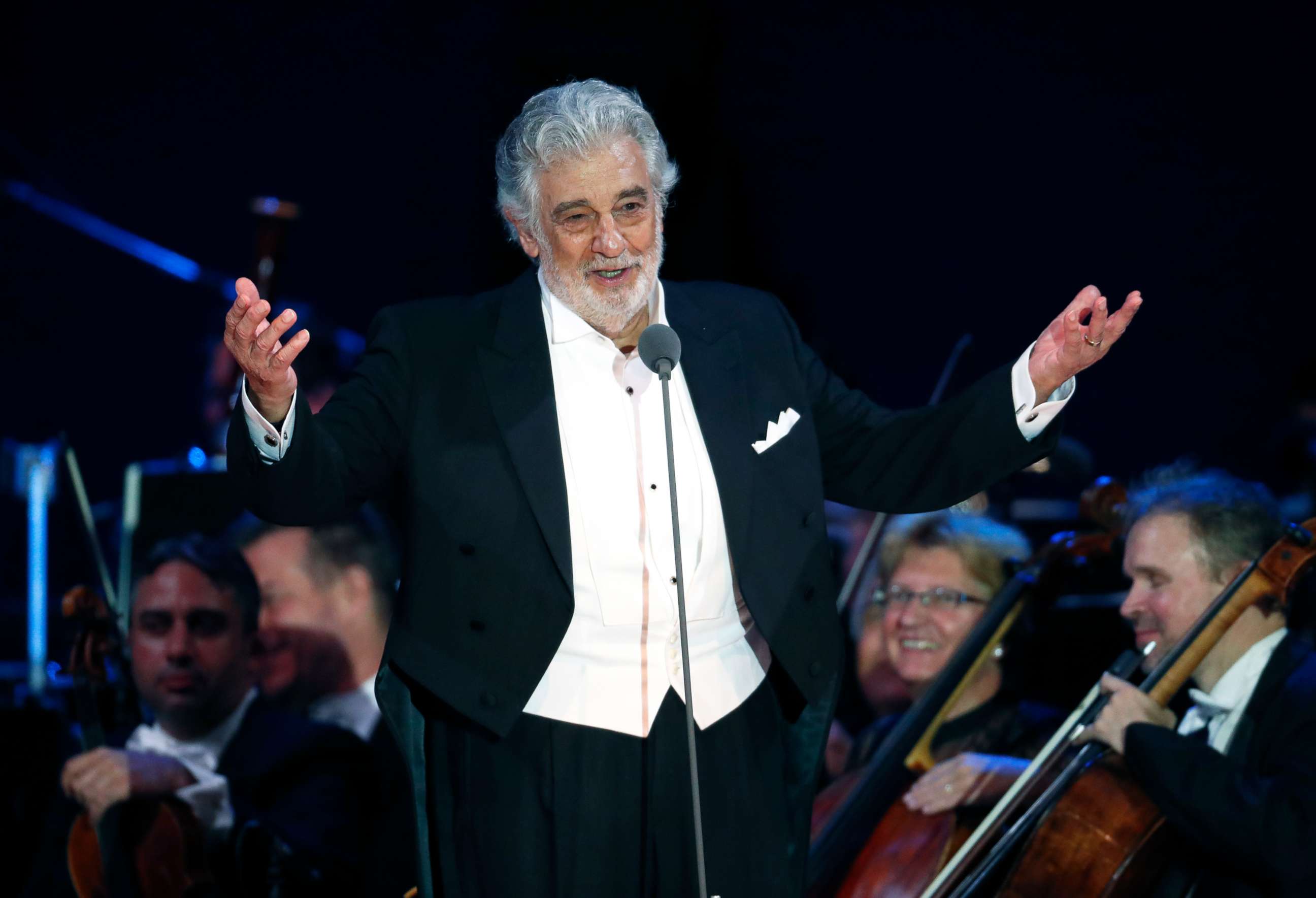 PHOTO: Opera star Placido Domingo salutes spectators at the end of a concert in Szeged, Hungary, Aug. 28, 2019. 