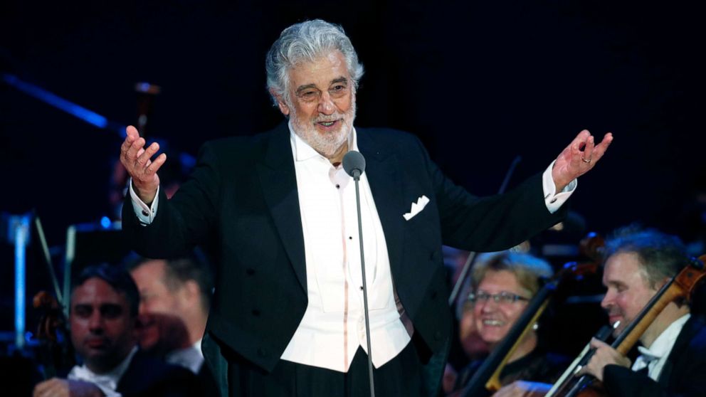 PHOTO: Opera star Placido Domingo salutes spectators at the end of a concert in Szeged, Hungary, Aug. 28, 2019. 