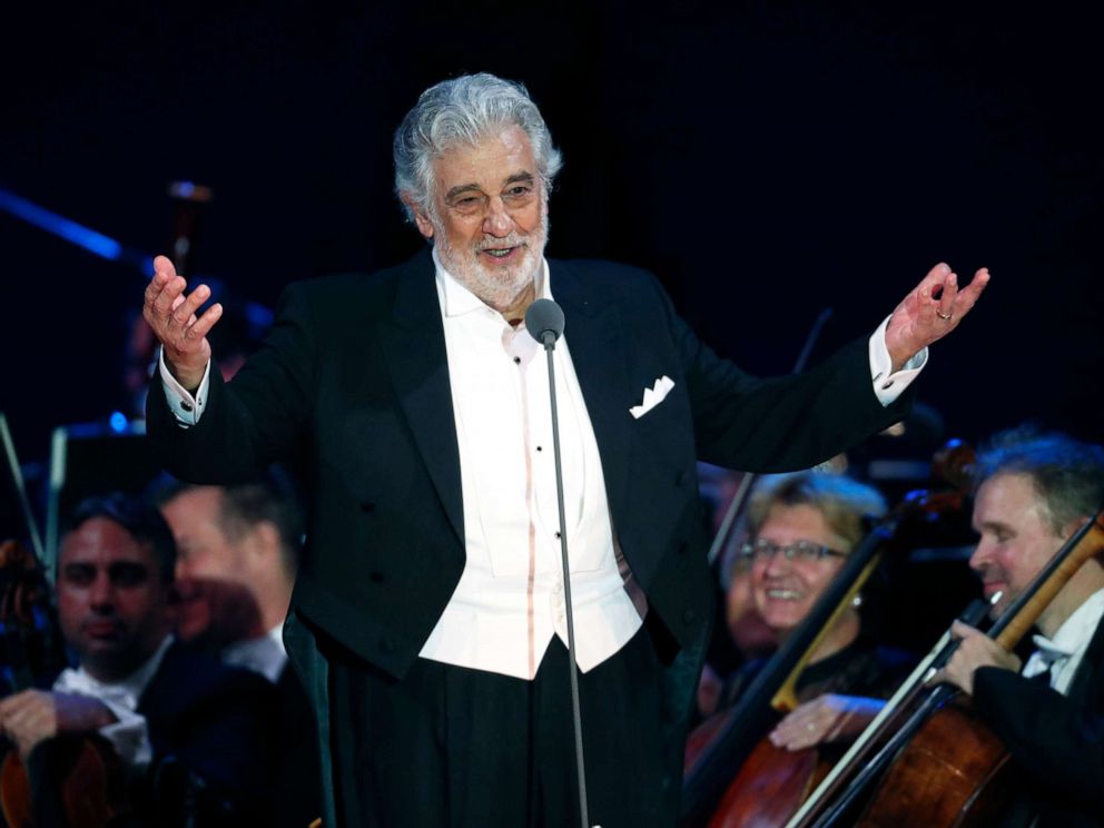 PHOTO: Opera star Placido Domingo salutes spectators at the end of a concert in Szeged, Hungary, Aug. 28, 2019.