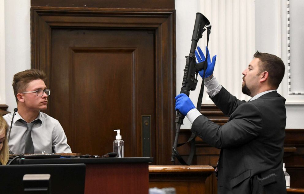 PHOTO: Police detective Ben Antaramian shows Dominick Black the AR-15 rifle Black bought for Kyle Rittenhouse, because Rittenhouse was underage, during the Rittenhouse trial at the Kenosha County Courthouse on Nov. 2, 2021 in Kenosha, Wis.