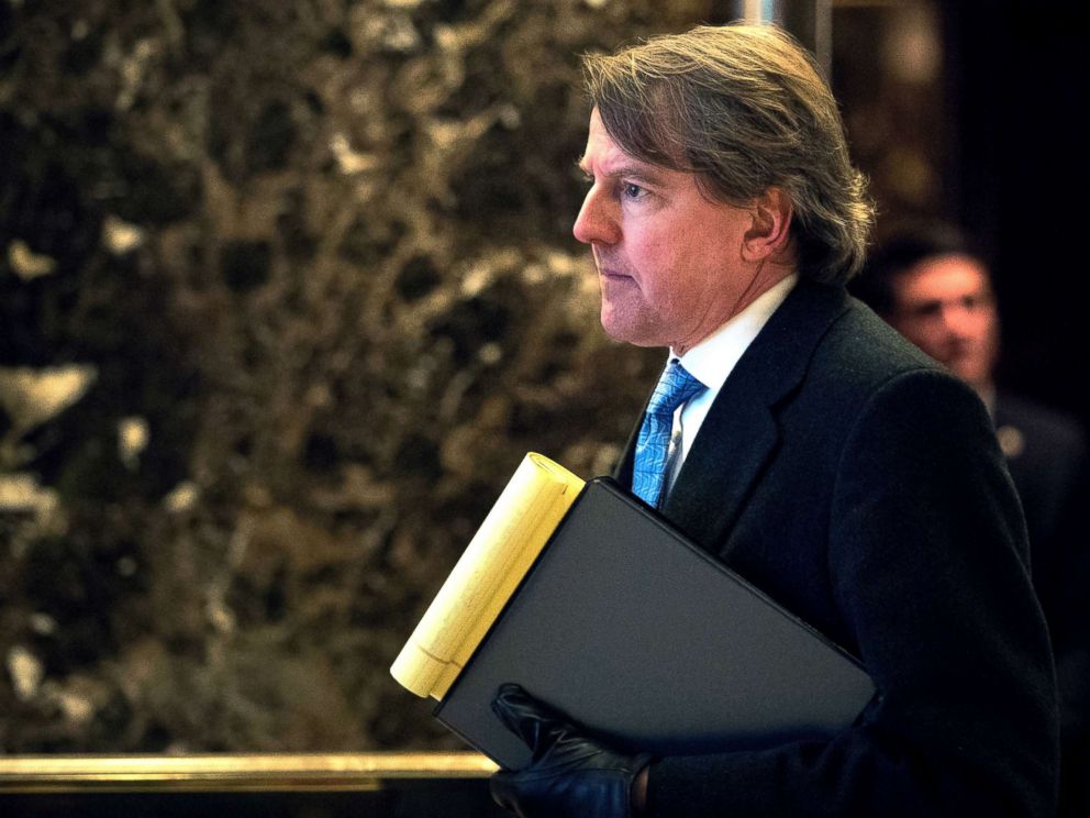 PHOTO: Don McGahn, White House Counsel to President-elect Donald Trump, arrives at Trump Tower in New York City, Jan. 9, 2017.