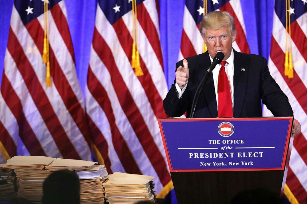 PHOTO: In this Jan. 11, 2017, file photo, president-elect Donald Trump speaks at a news cenference at Trump Tower in New York.