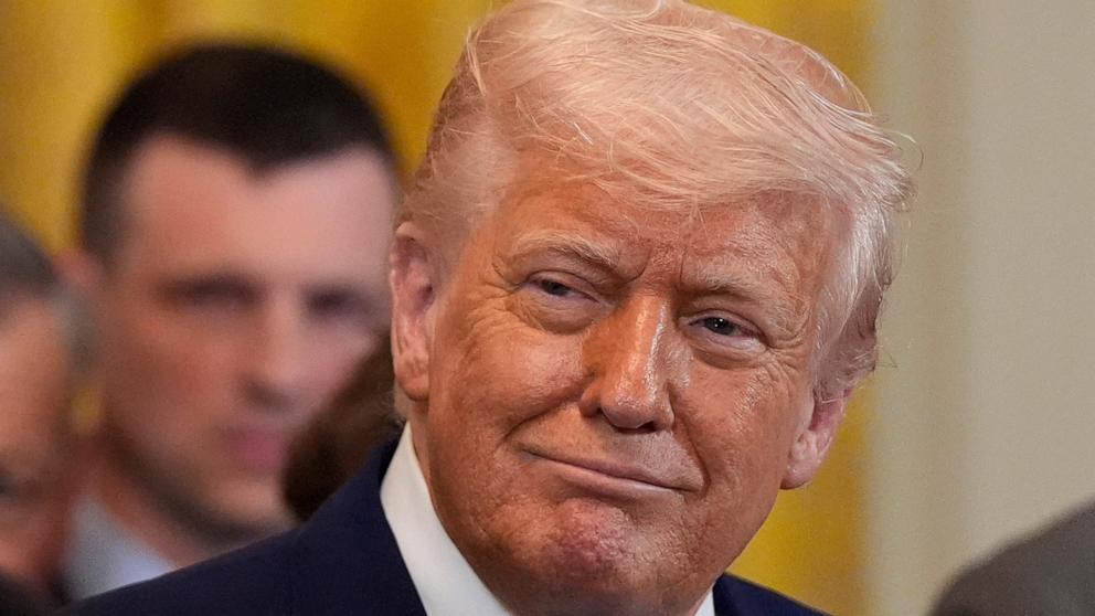 PHOTO: President Donald Trump hosts the 2025 NCAA Champion, University of Florida men's basketball team in the East Room of the White House, May 21, 2025, in Washington.