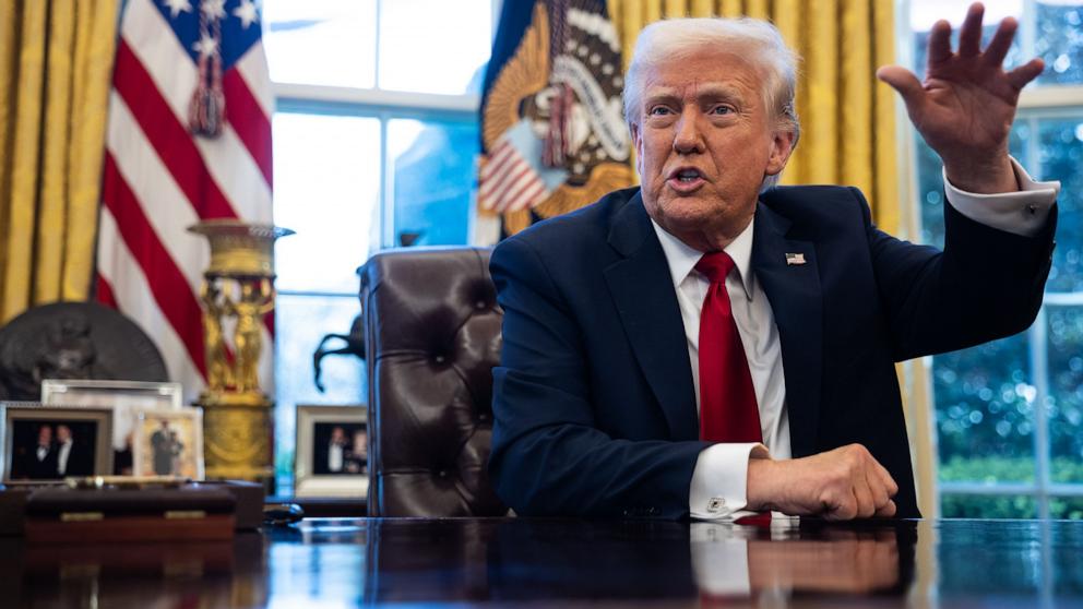 PHOTO: President Donald Trump delivers remarks on auto tariffs and other topics in the Oval Office of the White House in Washington, Mar. 26, 2025.