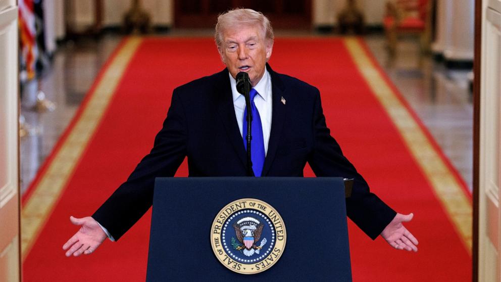 PHOTO: President Donald Trump speaks during the 'Angel Families Remembrance Ceremony' at the White House in Washington, February 23, 2026. 