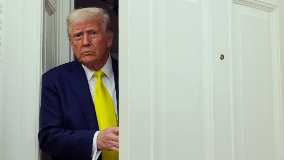 PHOTO: President Donald Trump arrives at a swearing in ceremony for Dr. Mehmet Oz to be Administrator of the Centers for Medicare and Medicaid Services, in the Oval Office of the White House, April 18, 2025, in Washington.