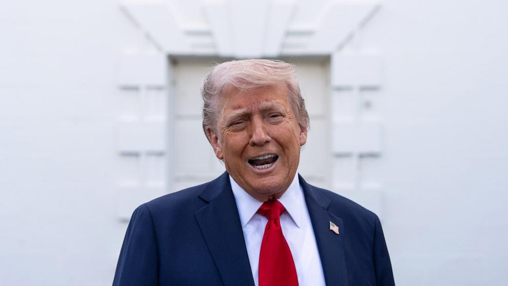 PHOTO: President Donald Trump speaks with reporters at the White House, April 23, 2025, in Washington.