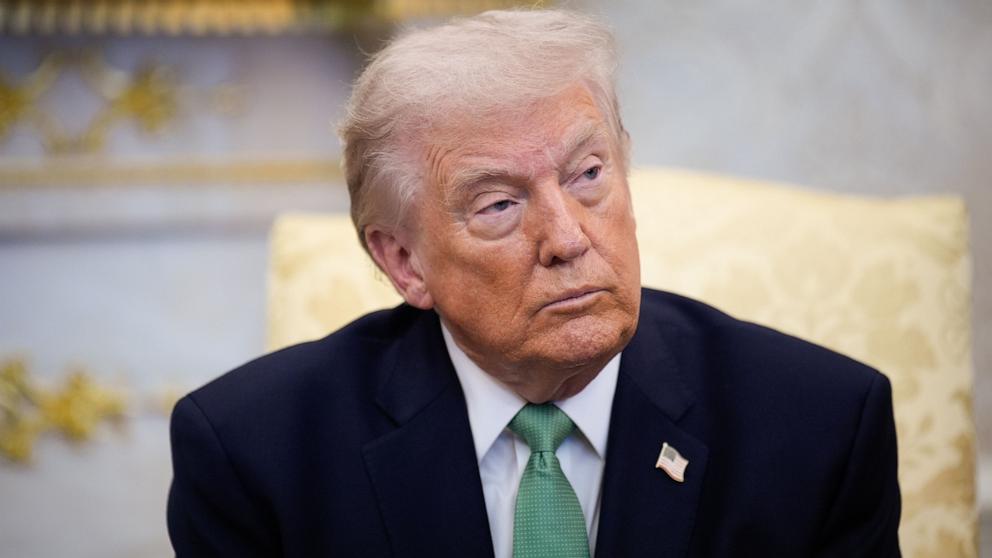 PHOTO: President Donald Trump speaks during a meeting with Irish Prime Minister Micheal Martin in the Oval Office of the White House, on St. Patrick's Day, March 17, 2026, in Washington.