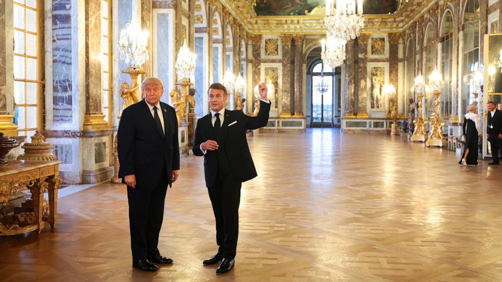 PHOTO: President Donald Trump receives a tour of Chateau de Versailles from President of France Emmanuel Macron ahead of a dinner, June 17, 2026 in Versailles, France.