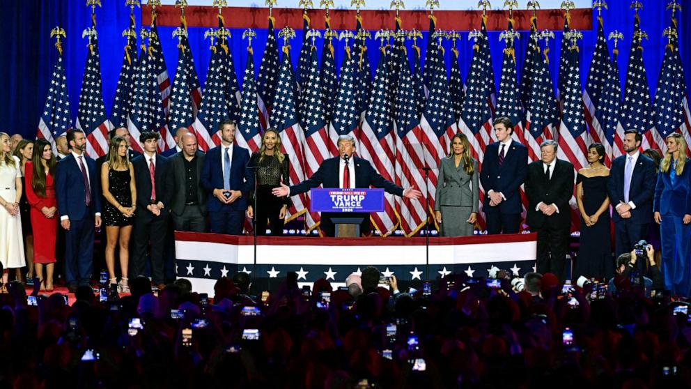 PHOTO: Former President and Republican presidential candidate Donald Trump speaks during an election night event in West Palm Beach, Florida, Nov. 6, 2024.