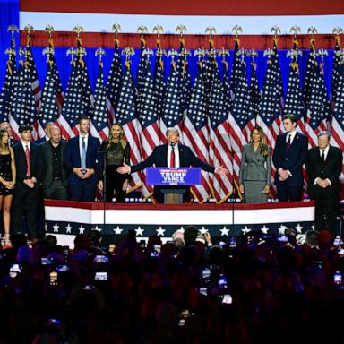 PHOTO: Former President and Republican presidential candidate Donald Trump speaks during an election night event in West Palm Beach, Florida, Nov. 6, 2024.