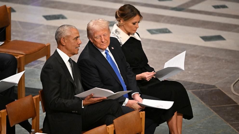 PHOTO: Former President Barack Obama, President-elect Donald Trump and former First Lady Melania Trump arrive to attend the State Funeral Service for former President Jimmy Carter at the Washington National Cathedral in Washington, Jan. 9, 2025.