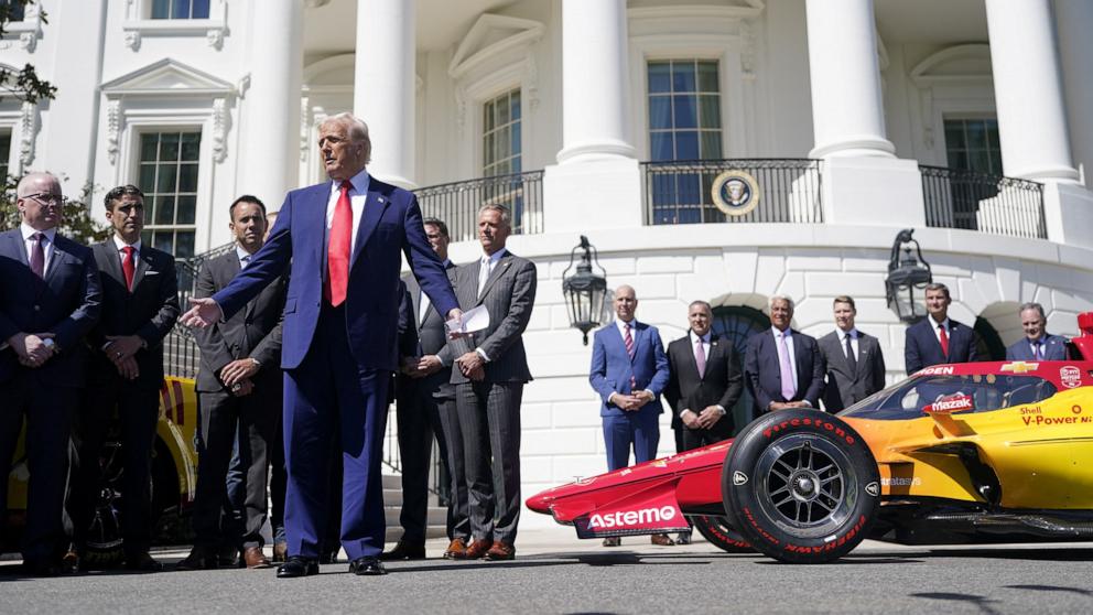PHOTO: President Donald Trump speaks during an event with the racing champions from NASCAR Cup Series, NTT IndyCar Series, and IMSA WeatherTech SportsCar Championship, at the White House in Washington, April 9, 2025.