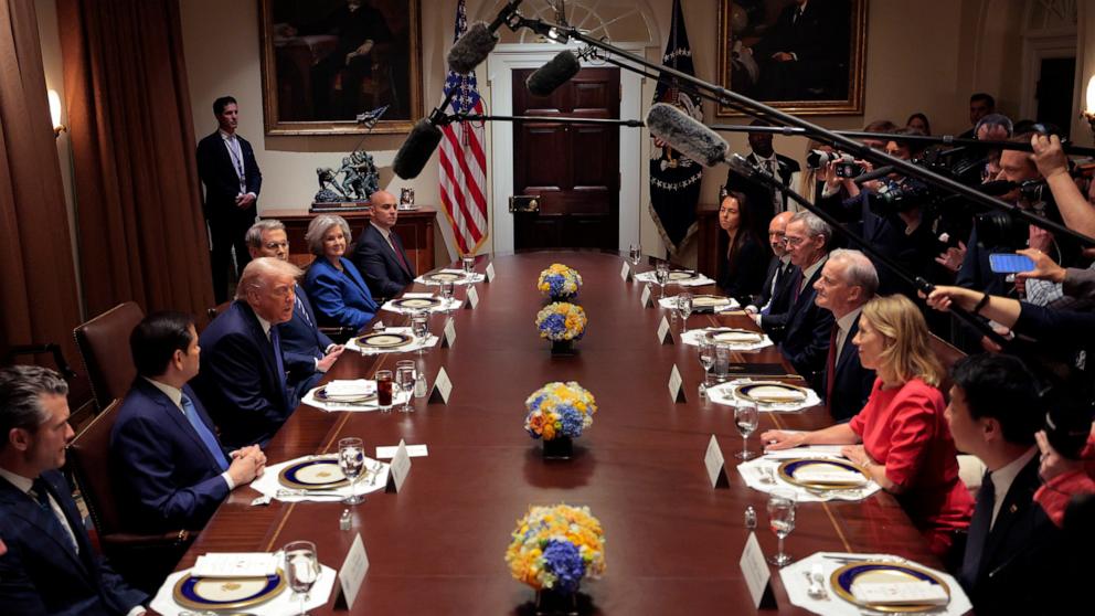 PHOTO: President Donald Trump and Norway's Prime Minister Jonas Gahr Store hold a bilateral lunch in the Cabinet Room at the White House, April 24, 2025 in Washington.