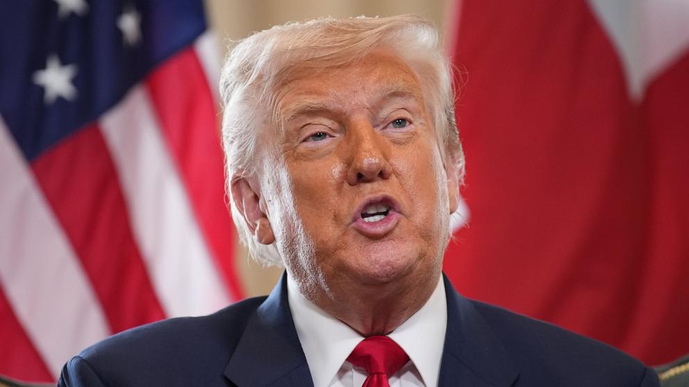 PHOTO: President Donald Trump speaks as he meets British Prime Minister Keir Starmer for bilateral talks at Trump Turnberry golf club, July 28, 2025 in Turnberry, Scotland.