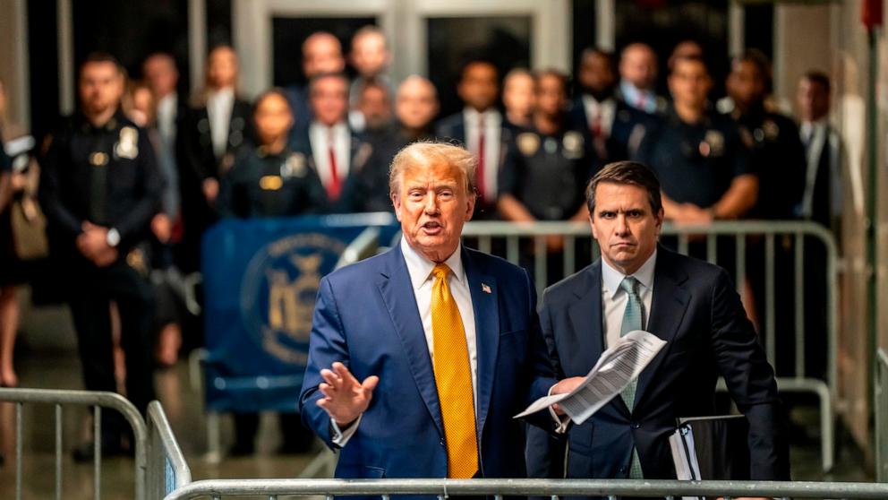 PHOTO: Former President Donald Trump speaks to the media after leaving court during his trial at Manhattan Criminal Court, May 14, 2024, in New York City.