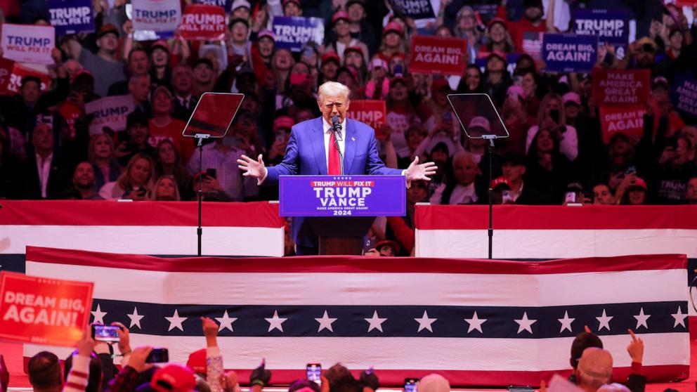 PHOTO: Republican presidential nominee and former U.S. President Donald Trump speaks on stage during a rally at Madison Square Garden, in New York City, Oct. 27, 2024.