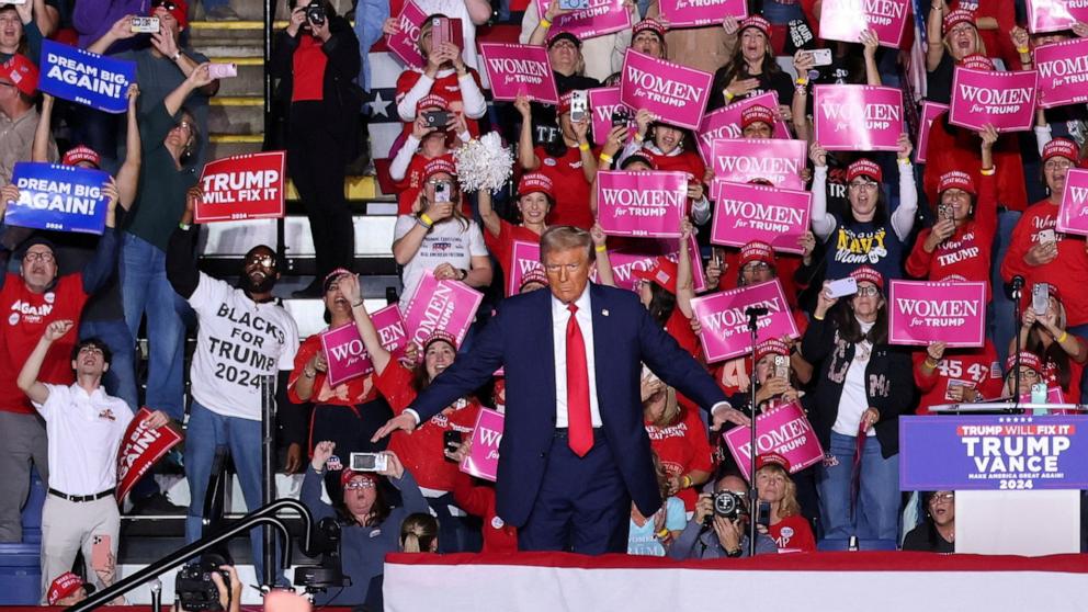 PHOTO: Republican presidential nominee former U.S. President Donald Trump holds a campaign rally at Santander Arena in Reading, Pa., Nov. 4, 2024.