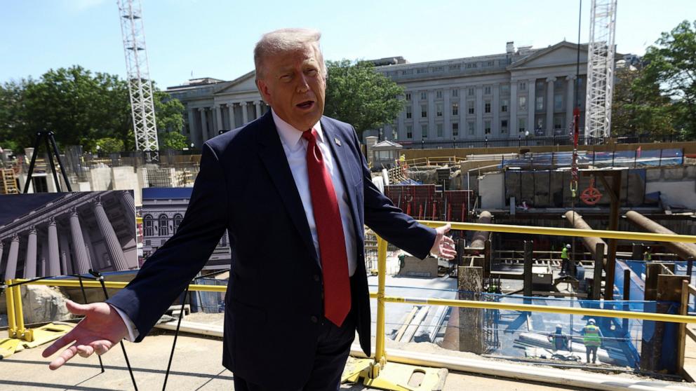PHOTO: President Donald Trump speaks to the press near the construction site of his proposed ballroom at the White House in Washington, May 19, 2026. 