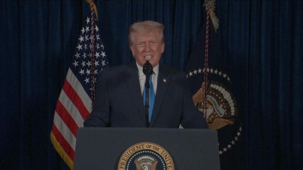 PHOTO: President Donald Trump delivers remarks on the attack in Washington on the National Guard soldiers during an address from Palm Beach, Fla., Nov. 26, 2025.