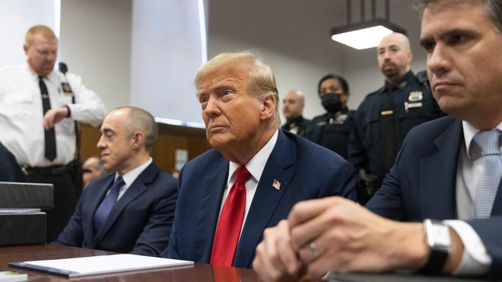 PHOTO: Former President Donald Trump attends his trial for allegedly covering up hush money payments linked to extramarital affairs, at Manhattan Criminal Court in New York City, Apr. 25, 2024. 