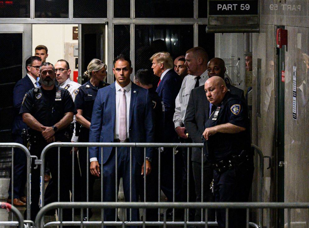 PHOTO: Former President Donald Trump leaves the courtroom at the Manhattan Criminal Court in New York on Apr. 4, 2023