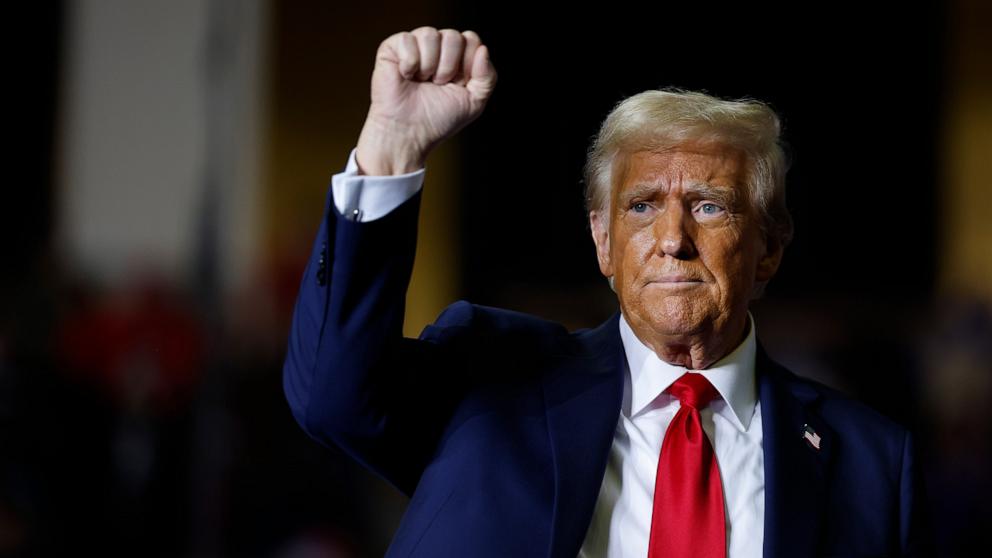 PHOTO: Republican presidential nominee, former President Donald Trump gestures at a campaign rally, Oct. 29, 2024, in Allentown, Pennsylvania.