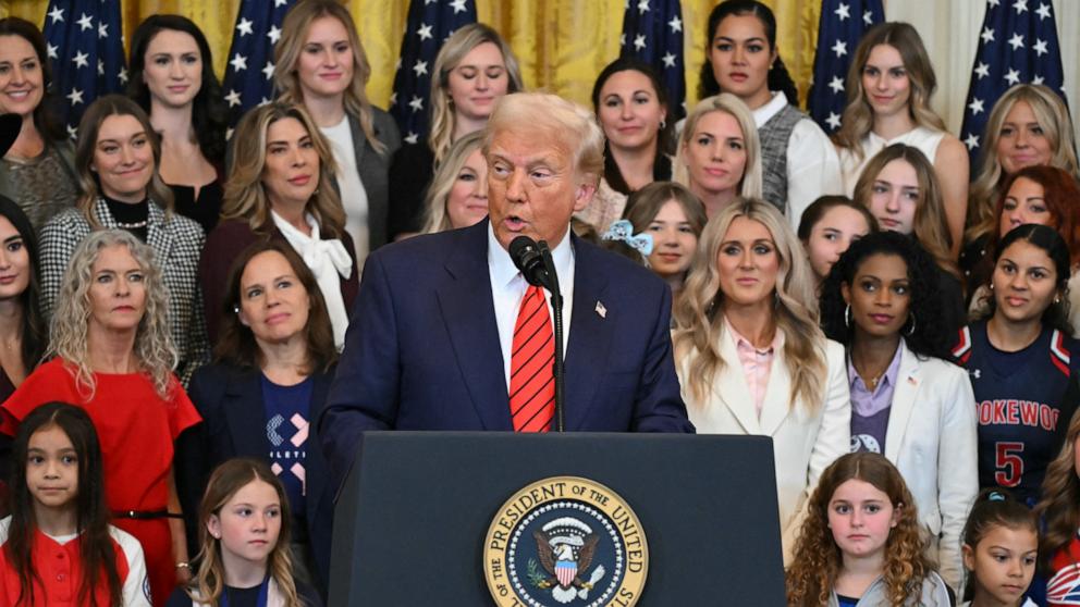 PHOTO: President Donald Trump speaks at an event, where he will sign an executive order banning transgender girls and women from participating in women's sports, in the East Room at the White House in Washington, Feb. 5, 2025.