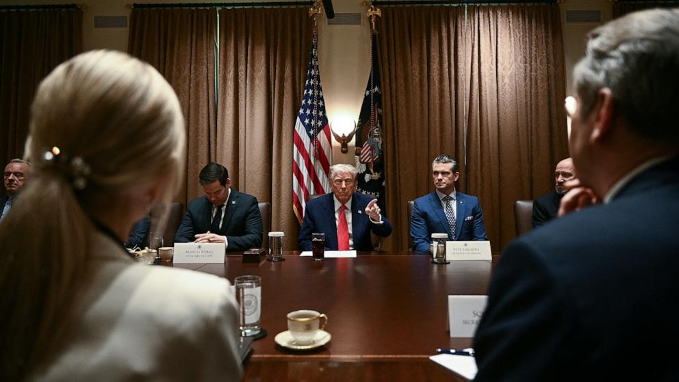 PHOTO: President Donald Trump speaks during a cabinet meeting in the Cabinet Room of the White House, April 10, 2025, in Washington.