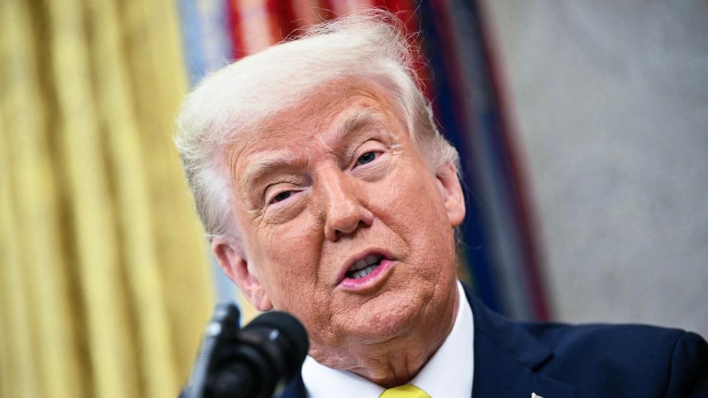 PHOTO: President Donald Trump speaks during a swearing-In Ceremony for the Administrator of the Centers for Medicare and Medicaid Services, Mehmet Oz at the Oval Office of the White House in Washington, April 18, 2025.