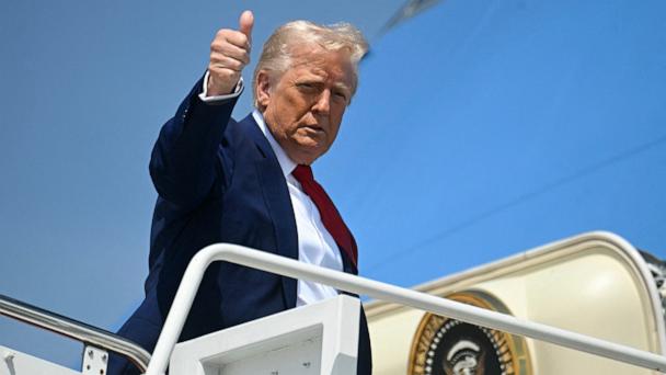 President Donald Trump boards Air Force One at Joint Base Andrews in Maryland, April 29, 2025 as he departs for a rally in Michigan to mark his 10th day in office. 