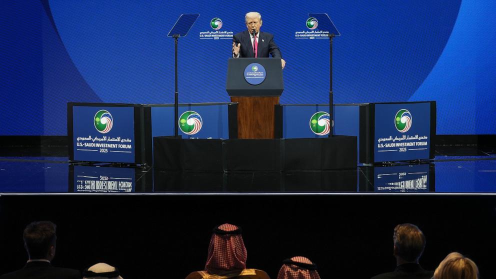 PHOTO: President Donald Trump delivers remarks at the U.S.-Saudi Investment Forum at the Kennedy Center on November 19, 2025 in Washington.