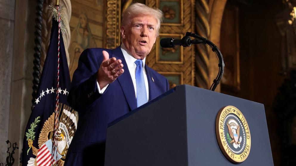 PHOTO: President Donald Trump speaks at Mar-a-Lago in Palm Beach, Florida, Feb. 18, 2025.