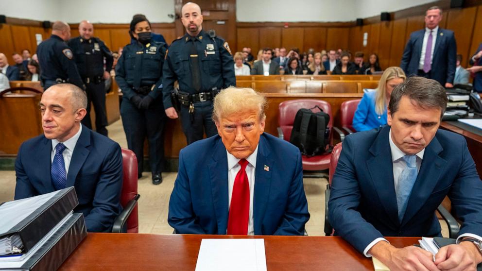 PHOTO: Former President Donald Trump sitting with attorneys Emil Bove (L) and Todd Blanche (R), attends his trial for allegedly covering up hush money payments linked to extramarital affairs, at Manhattan Criminal Court in New York City, Apr. 25, 2024.