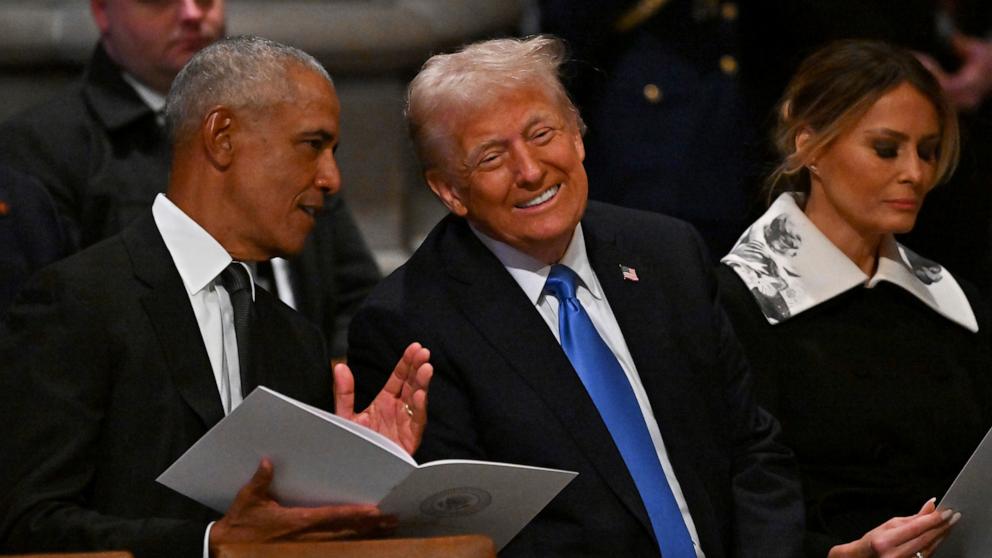 PHOTO: Former President Barack Obama, President-elect Donald Trump and former First Lady Melania Trump arrive to attend the State Funeral Service for former President Jimmy Carter at the Washington National Cathedral in Washington, Jan. 9, 2025.