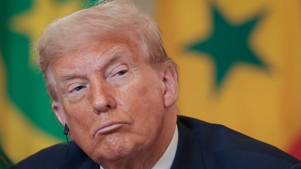 President Donald Trump listens as African Leaders deliver remarks during a multilateral lunch in the State Dining Room of the White House July 9, 2025 in Washington.