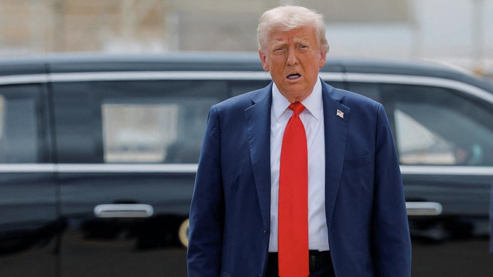 PHOTO: President Donald Trump speaks as he arrives in Arizona to attend a memorial service for slain conservative commentator Charlie Kirk, at Luke Air Force Base, Arizona, September 21, 2025.