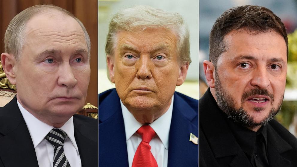PHOTO: Russia President Vladimir Putin in Moscow, Aug. 19, 2025, President Donald Trump in Washington, Aug. 19, 2025 and Ukraine's President Volodymyr Zelenskyy in Washington, Aug. 18, 2025
