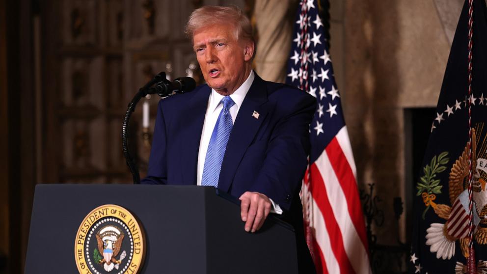 PHOTO: President Donald Trump speaks at Mar-a-Lago in Palm Beach, Florida, Feb. 18, 2025.
