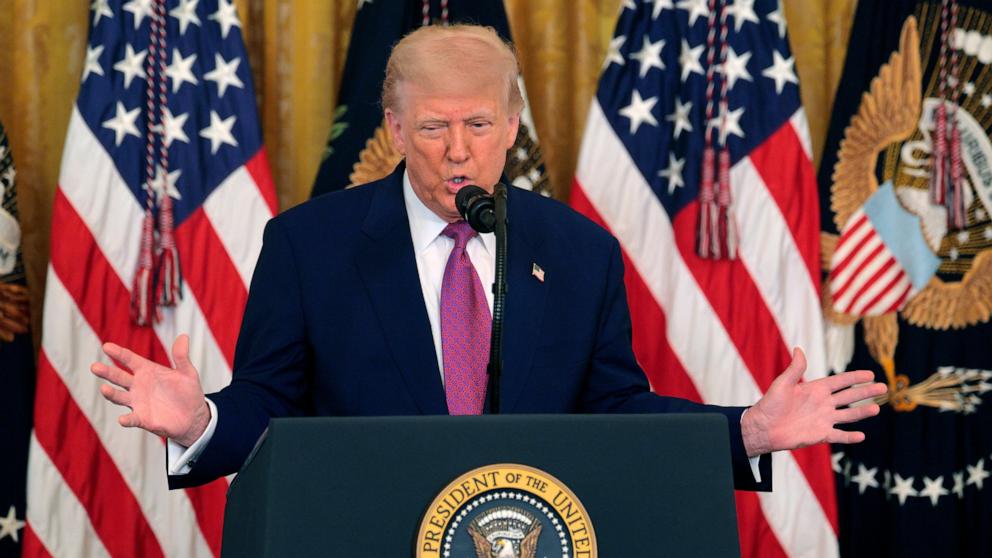 PHOTO: President Donald Trump speaks after signing a bill blocking California's rule banning the sale of new gas-powered cars by 2035, in the East Room of the White House, June 12, 2025, in Washington.