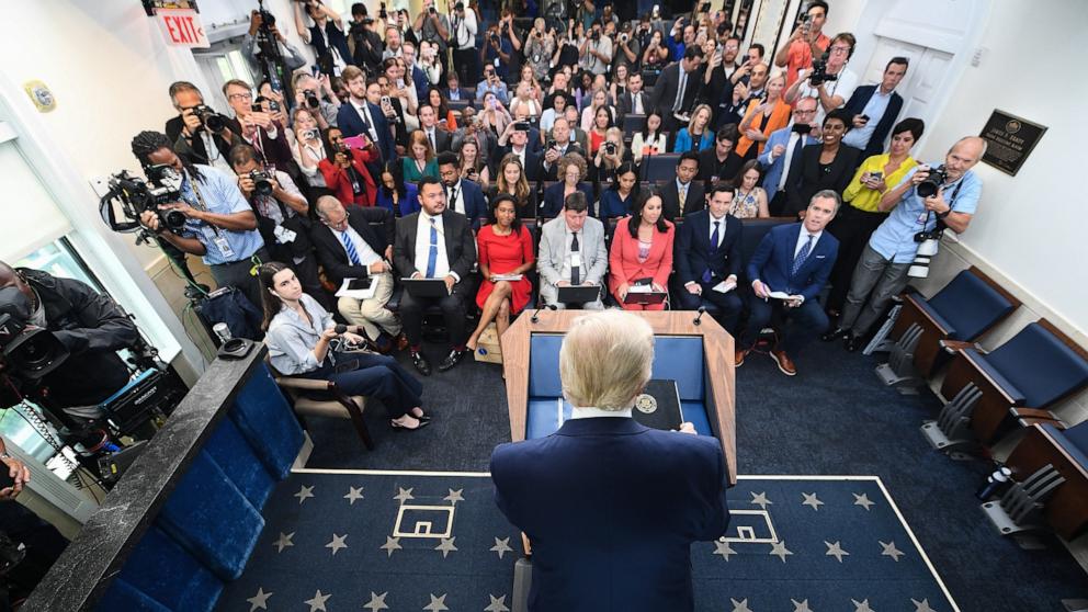 PHOTO: President Donald Trump speaks to the media, June 27, 2025, in the briefing room of the White House in Washington.