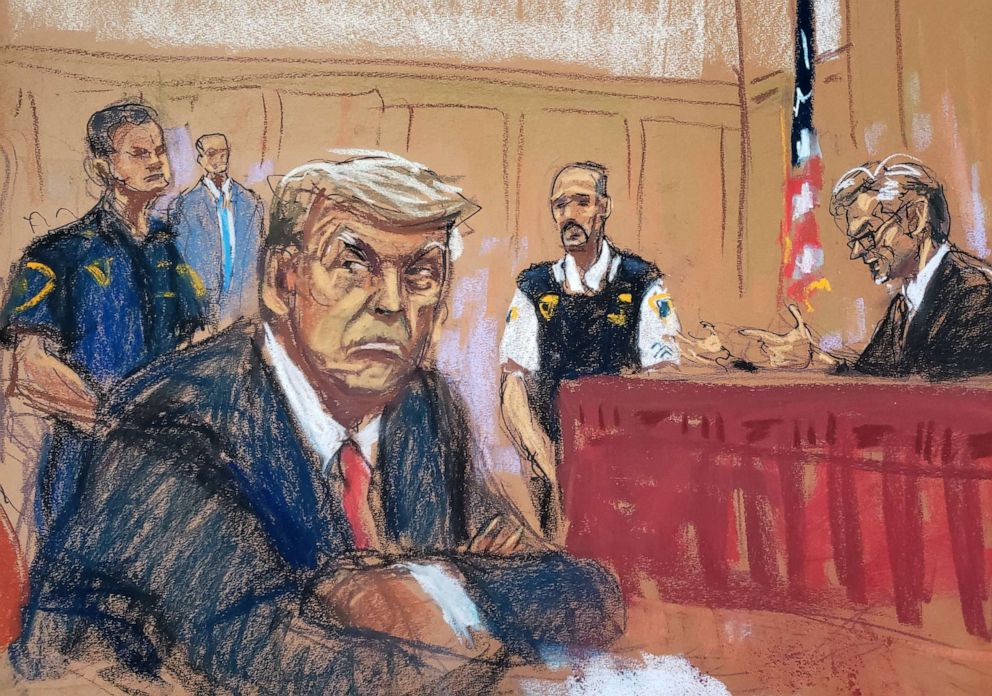 PHOTO: Former President Donald Trump appears in court for an arraignment on charges stemming from his indictment by a Manhattan grand jury in this courtroom sketch, Apr. 4, 2023 in New York City.